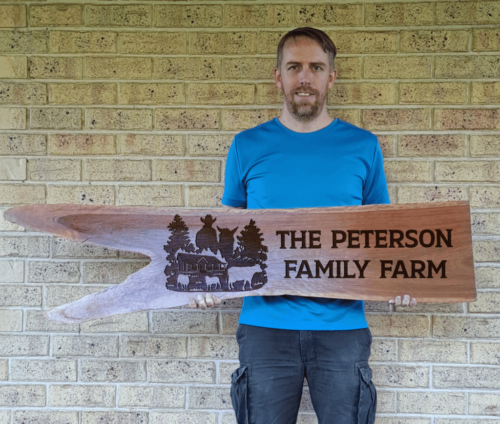 Live edge property sign with family name engraved – handmade in Australia