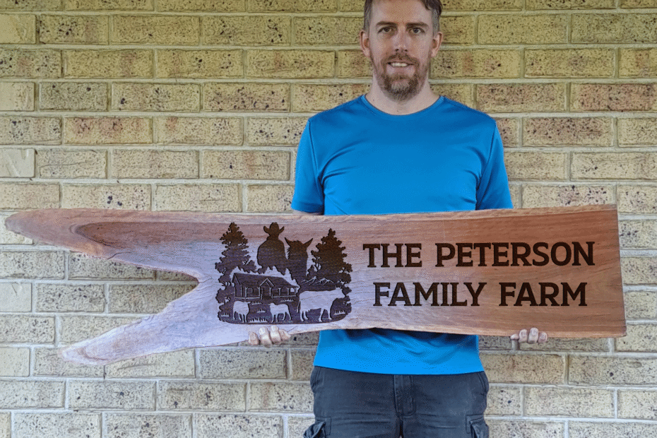 Live edge property sign with family name engraved – handmade in Australia